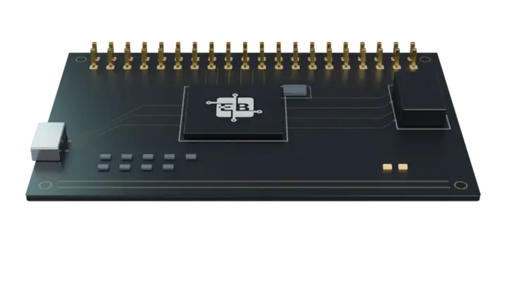 Development board with headers, microcontroller and USB-C — drag to rotate