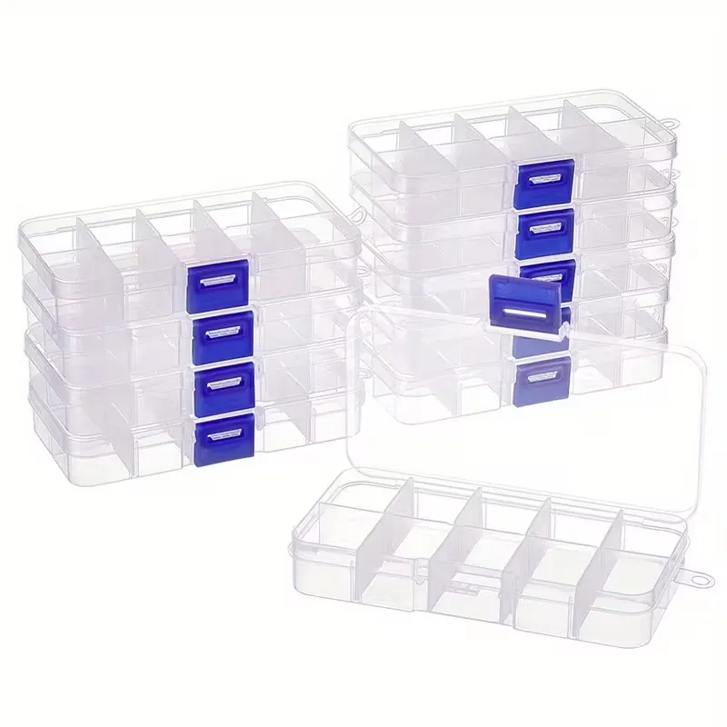 [EB000537] Adjustable PVC Jewelry Storage Boxes - Designed with 10 Compartments, Suitable for Beads, Nail Supplies, And Small Additions, Featuring Removable Dividers, Portable And Durable with a Blue Buckle