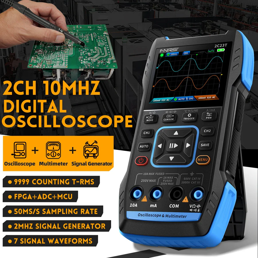 FNIRSI 2C23T Handheld Dual Channel 3-in-1 10MHz 50MS/s Oscilloscope Multimeter DDS Function Generator
