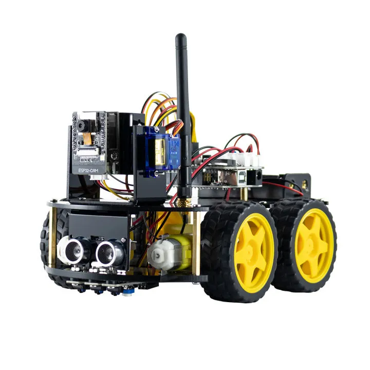[EB000490] ESP32 CAM 4WD Smart Robot Car Kit with WiFi APP Control (without 18650 Battery & Charger) with Tutorial 1. ESP32 controller board (with wifi control) 2. ESP32 Camera FPV 3. Web version control 4. APP control